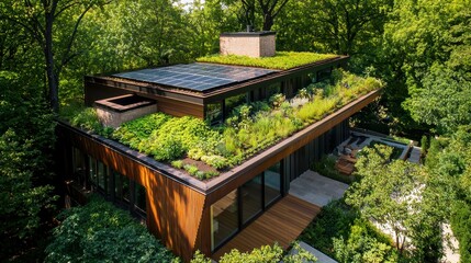Eco-friendly modern house with a flat roof and large windows, surrounded by lush greenery