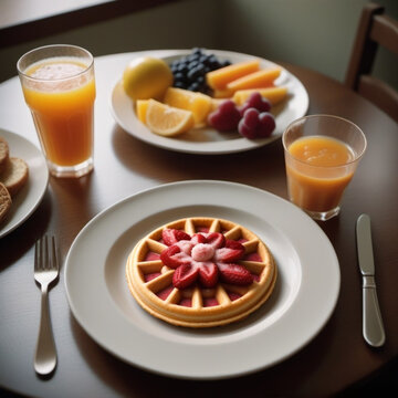 Desayuno gofre con fresas azucaradas vasos de zumo y frutas