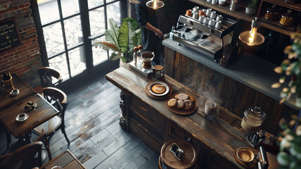 In a charming caf&eacute;, a barista expertly steams milk as patrons savor coffee and pastries at rustic tables, the atmosphere warm and inviting.