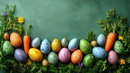 Easter spirit illustration Top view vertical photo of assorted eggs, treats of carrots for the bunny and lovable rabbit ears showing on a gentle green base with an egg-like message area.