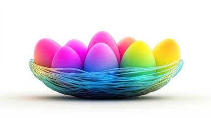 Obraz premium a neonlit Easter basket with glowing holographic eggs, futuristic cyber art, vivid colors, isolated on white background