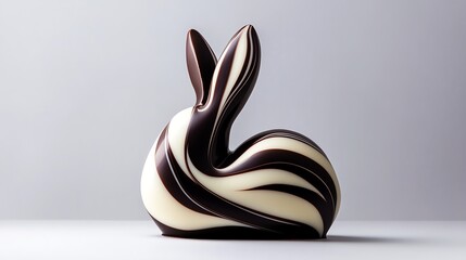 a sculpted chocolate bunny made of dark, milk, and white chocolate layers, artistic gourmet creation, isolated on white background