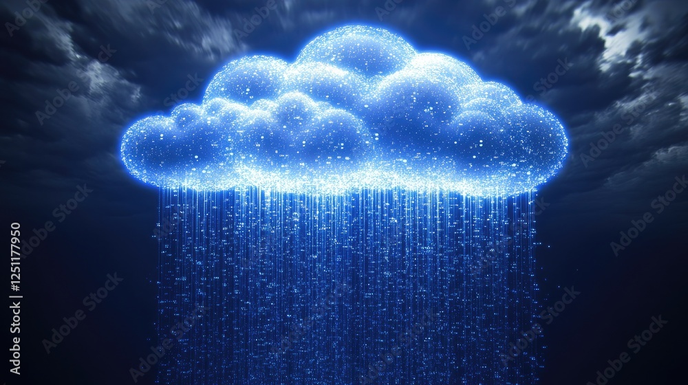 Poster futuristic cloud-based analytics system with glowing data points.