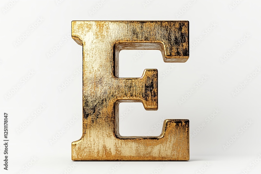 Fototapete the fresh brushed gold serif typeface used to create the 3d letter e is isolated on a white backdrop