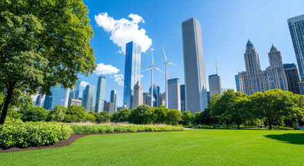 Fototapeta premium Urban Landscape Featuring Skyscrapers and Wind Turbines in a Vibrant City Park Daytime Viewpoint