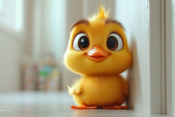 A small, fluffy duckling curiously gazes from behind a wall in a bright and cheerful indoor environment, ready to explore
