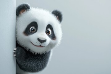 Obraz premium A playful panda peeks out from behind a wall, its big eyes shining with curiosity in an inviting indoor environment filled with soft light