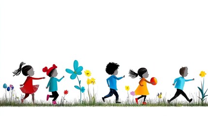 Fototapeta premium an outdoor Easter egg hunt with kids running through a flowerfilled garden, lively and heartwarming, isolated on white background