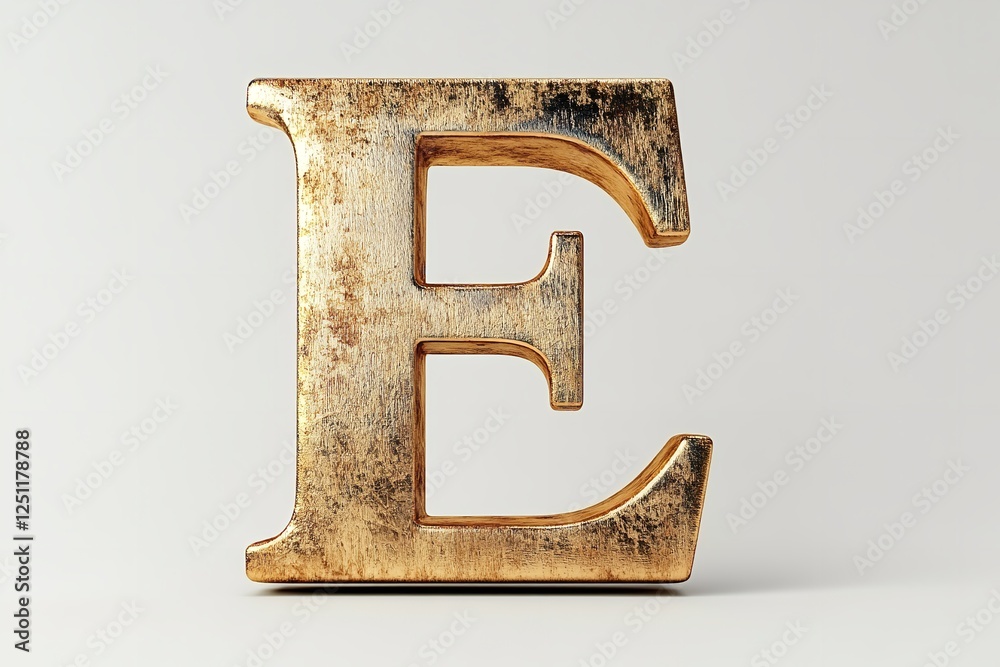 Fototapete the fresh brushed gold serif typeface used to create the 3d letter e is isolated on a white backdrop