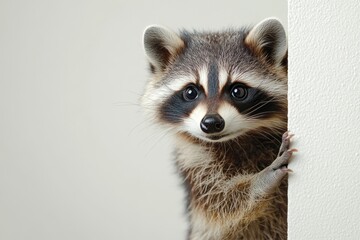 A small raccoon peeks out from behind a wall, showing a curious expression, likely in a warm and inviting room