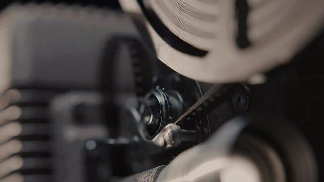 Close ups of a vintage 8MM projector spools moving and playing film 