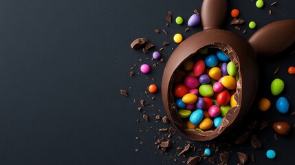 Chocolate bunny cracked open like an Easter egg, revealing a surprise filling of colorful candy pieces, fun and unexpected twist