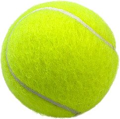 Bright yellow tennis ball with a fuzzy texture and white seams, isolated on a white background....