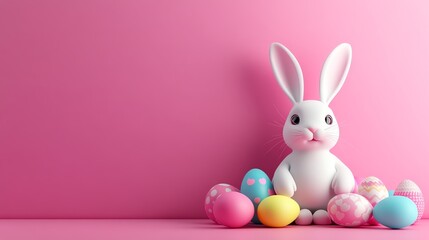 Fototapeta premium Cute Easter bunny, surrounded by chocolate eggs, pastel background, 3D illustration