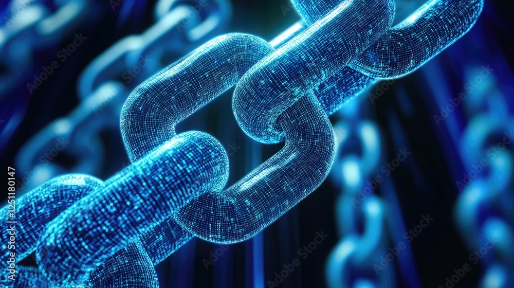 Poster glowing blockchain network visualization in a futuristic virtual environment.