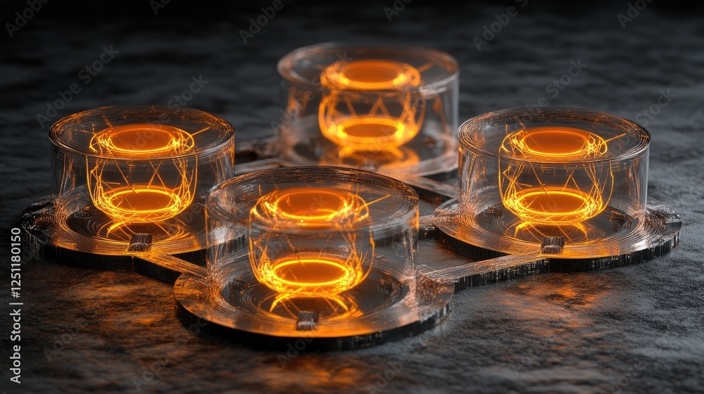 Poster glowing atomic structures representing quantum computing at nanoscale.