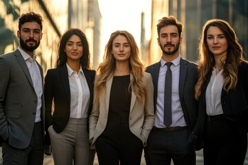 Obraz premium A group of five professionals stands together in a modern cityscape, exemplifying teamwork and confidence during the golden hour