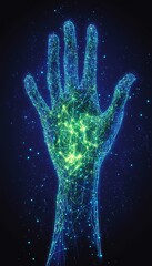 Glowing Hand Interacting With Interconnected Network, Digital Art, Navy Blue Background