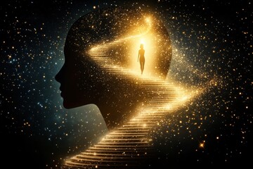 personal growth, A silhouette of a human face showcases a cosmic scene with a glowing staircase, symbolizing exploration and enlightenment