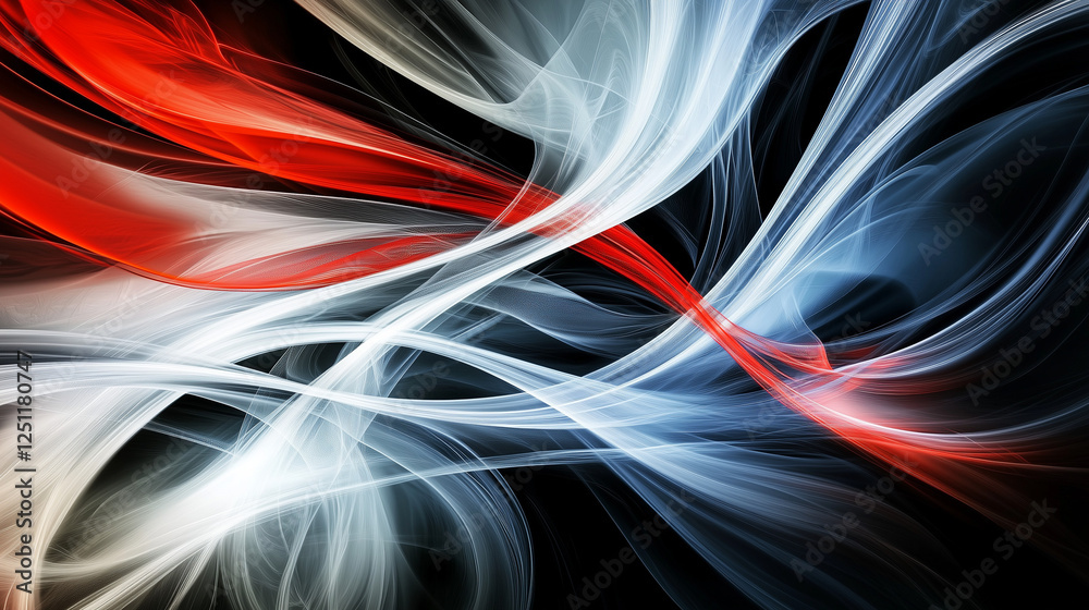 Poster Dynamic abstract background with flowing smoke and elegant curved lines in red, white, and blue on a deep black backdrop. Modern digital design for technology, energy, and artistic compositions.