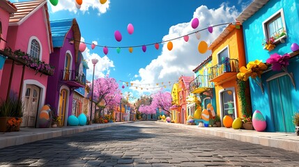 Easter festival in a magical village, joyful atmosphere, decorated streets, 3D illustration