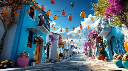 Easter festival in a magical village, joyful atmosphere, decorated streets, 3D illustration