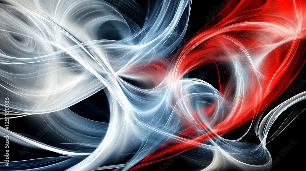 Poster dynamic abstract background with flowing smoke and elegant curved lines in red, white, and blue on a
