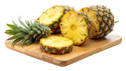 Fresh Pineapple Slices on Wooden Cutting Board - A wooden cutting board with fresh pineapple slices alongside whole pineapples, showcasing their vibrant yellow flesh and green crown.
