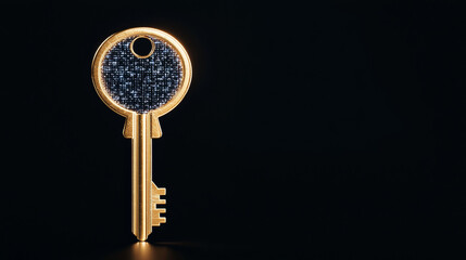 golden key with digital pattern on black background symbolizes security