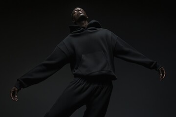 Skinny tall black male model displays an oversized hoodie and pants while striking a pose in a dimly lit studio environment
