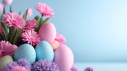 Obraz premium Easter garden, blooming spring flowers, pastel egg decorations, 3D illustration