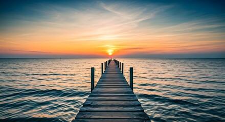 A peaceful pier extending into the ocean, with the sun setting in the background, Ai Generated