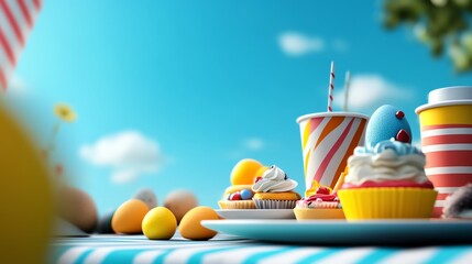 Easter holiday picnic, friends and family enjoying spring weather, cheerful gathering, 3D illustration