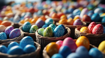 Easter market scene, baskets full of handpainted eggs, bustling holiday vibe, 3D illustration