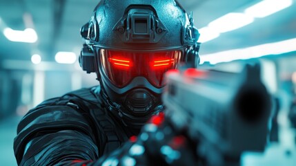 A futuristic soldier, equipped for combat in an industrial setting, aims a weapon with glowing red elements signifying tension and readiness for action in a hostile environment.