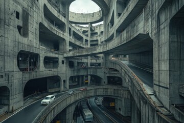 Fototapeta premium Cars navigate a complex concrete maze as they twist and turn through the towering structures in an urban setting during twilight