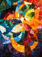 Fototapeta premium Vibrant mosaic of colors and shapes creating abstract design, showcasing blend of warm and cool tones. intricate patterns evoke sense of energy and creativity
