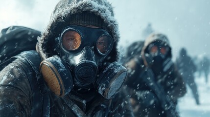 In a chilling snowy landscape, figures in gas masks navigate through the storm, illustrating the struggle against nature and survival in extreme conditions.