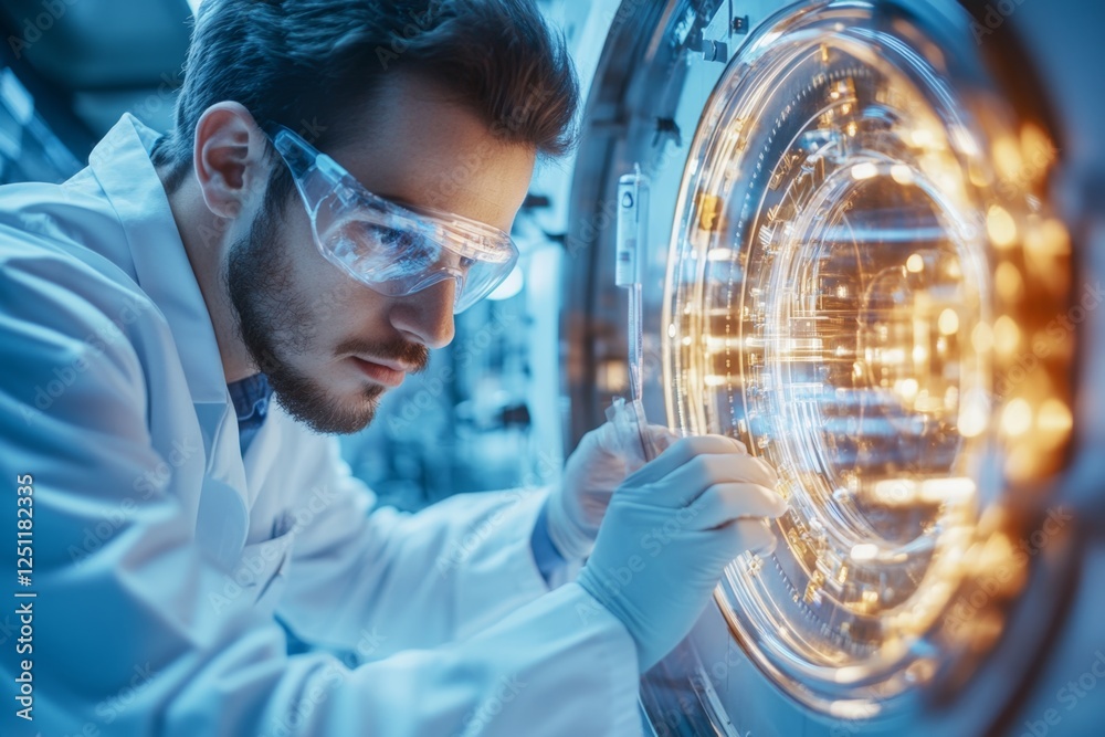 Poster A scientist in a lab coat conducting research as part of a full-time job in a laboratory