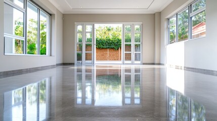 Fototapeta premium Polished Concrete Floor: Modern Interior Design - Sleek, polished concrete floor reflecting light and showcasing modern architectural design. Clean lines, spacious feel