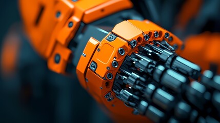 A close-up view of a robotic arm featuring intricate mechanical components in a striking orange color.