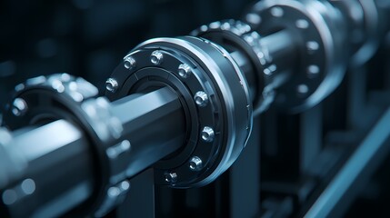 Fototapeta premium A close-up view of a metallic shaft with flanged bearings, showcasing intricate details and a sleek, industrial design.