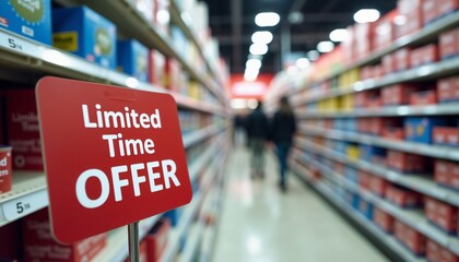 Dynamic sales energy featuring red and white Limited Time Offer signage on a store shelf with visible discounted items in a busy retail aisle