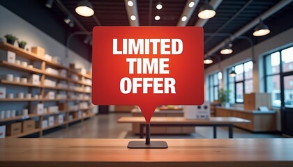 Photorealistic retail setup featuring a bold red "Limited Time Offer" sign prominently displayed above a table of discounted products in a modern store environment