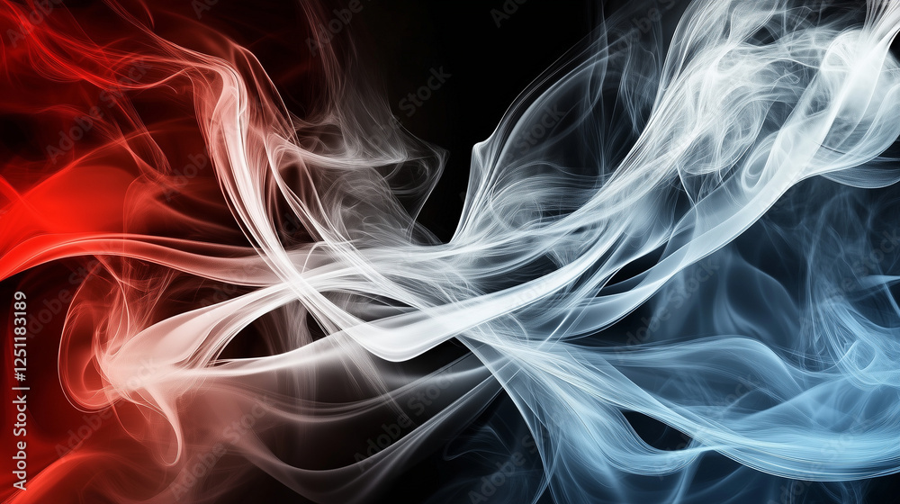 Poster dynamic abstract background with flowing smoke and elegant curved lines in red, white, and blue on a
