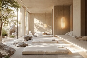 A tranquil wellness space designed for relaxation, showcasing soft materials, organic shapes, and natural light filtering through