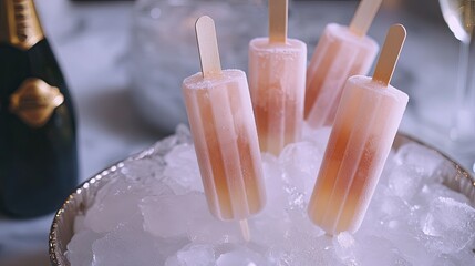 Elegant Peach Popsicles on Ice with Champagne Ready for Summer Fun