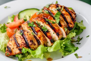 Grilled Chicken Breast Salad - Delicious grilled chicken breast sliced and served on a bed of fresh lettuce with tomato and cucumber.