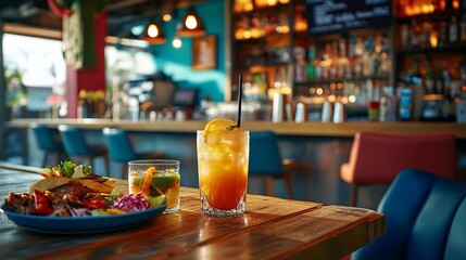 Tropical cocktail & food at bar