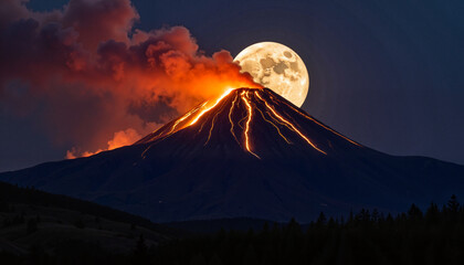 Fototapeta premium Glowing volcanic eruption at night with moonlit sky, nature's power